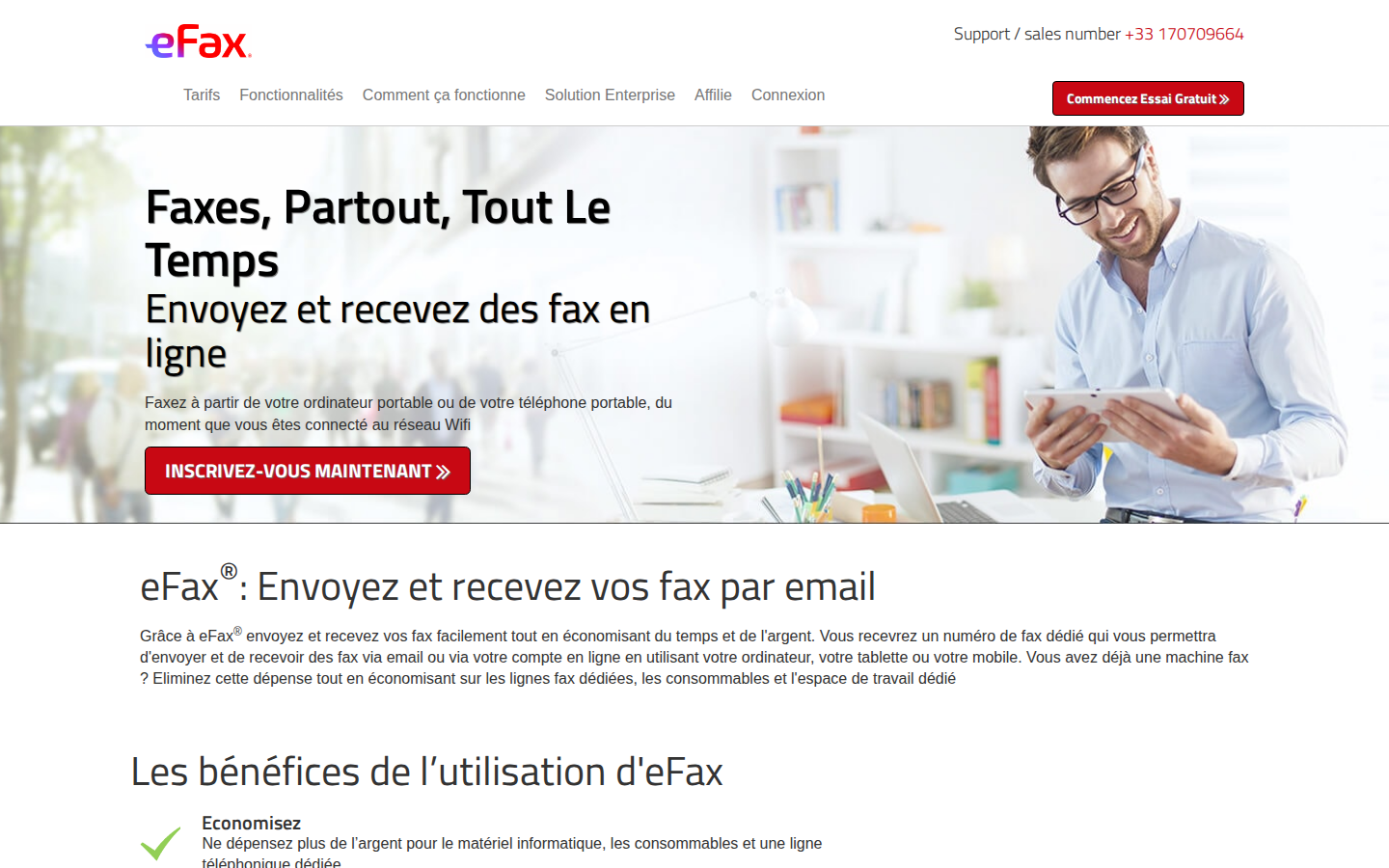 La page d'accueil d'eFax France : abonnement mensuel, numéro entrant dédié, essai gratuit