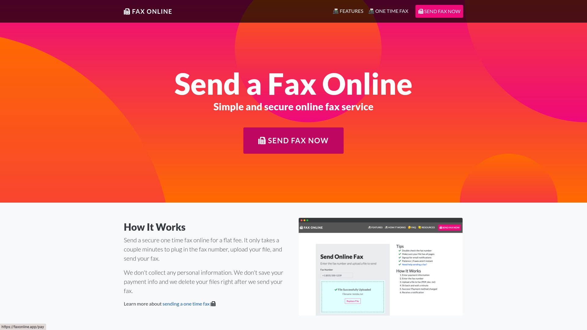 Formulaire d'envoi unique de Faxonline.app, prix affiché avant paiement Stripe