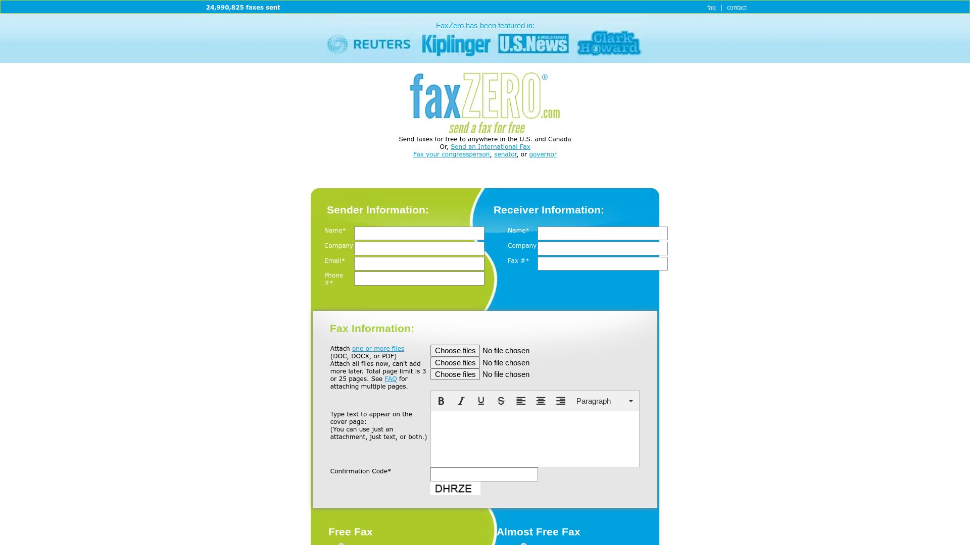 FaxZero's web sending interface
