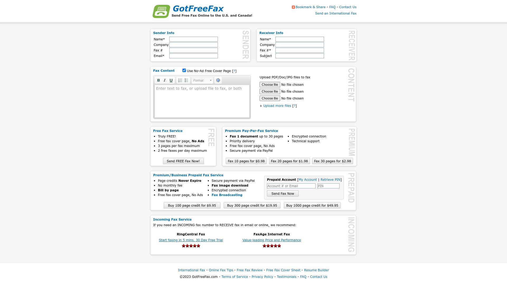 GotFreeFax's web sending interface