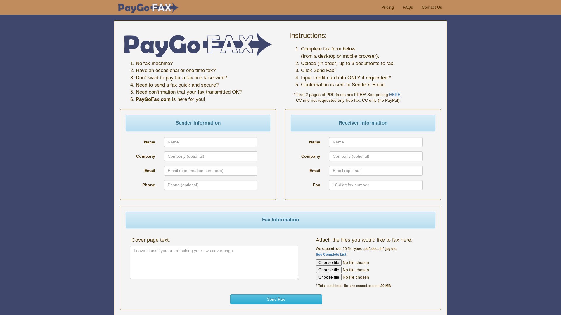 PayGoFAX's web sending interface