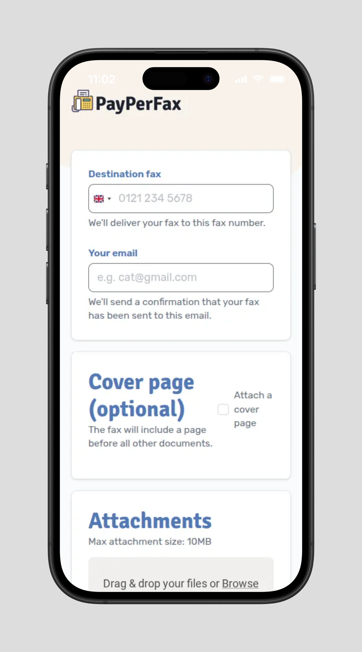 PayPerFax loaded on an iPhone, showing the send-a-fax form at the top