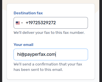 Close-up of the destination fax and email fields on the PayPerFax mobile form, with the US country flag selected