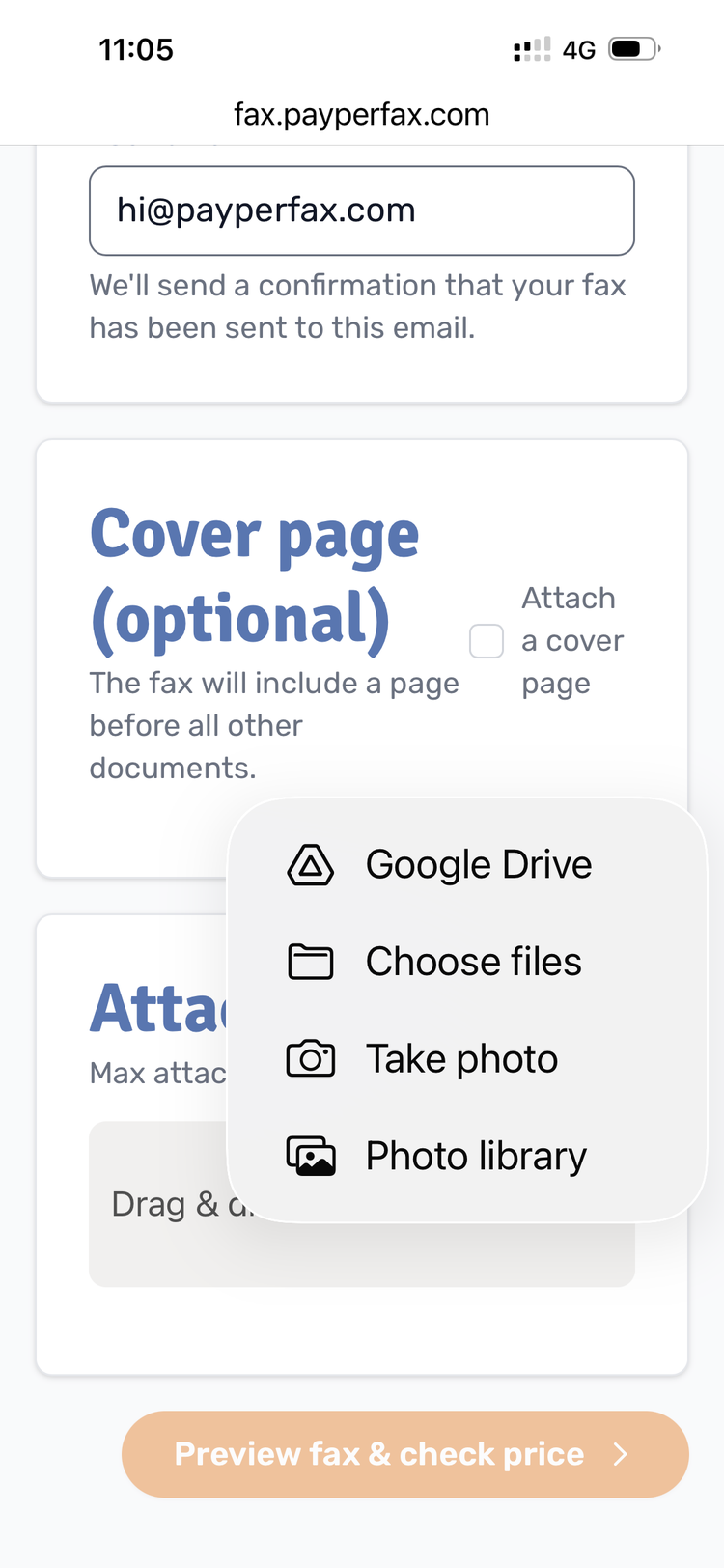 The PayPerFax mobile form with the iOS upload-source menu open, showing Google Drive, Choose files, Take photo, and Photo library options