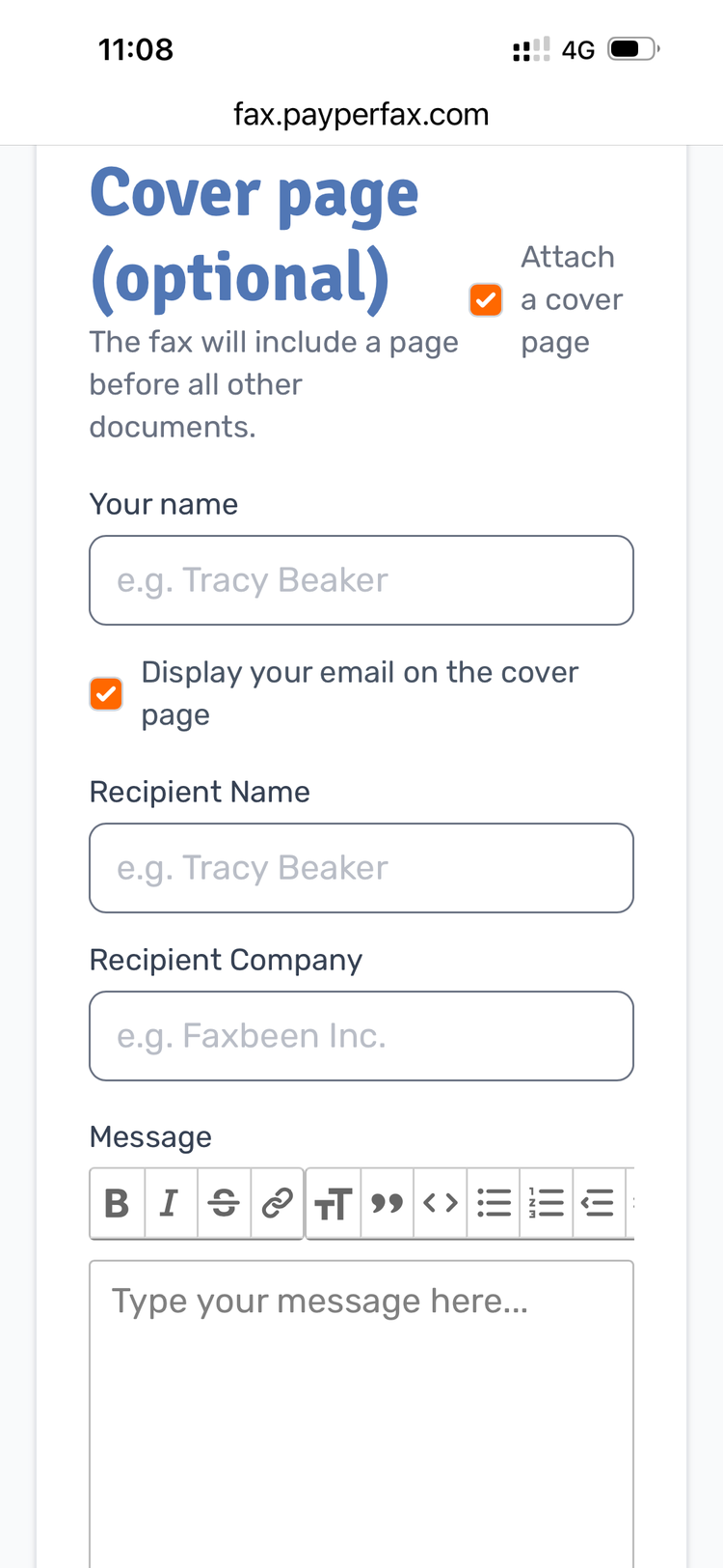 The cover page form expanded on mobile, with fields for your name, recipient name, recipient company, and a message editor