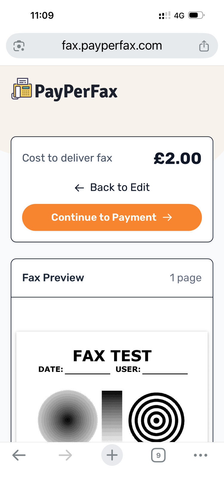 The fax preview screen on mobile, showing the price, a Continue to Payment button, and a rendered page of the document as it will appear when faxed