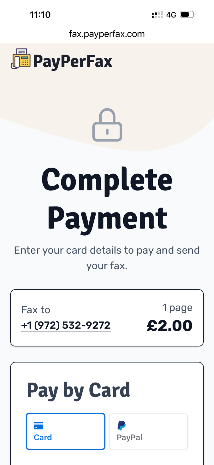 The Complete Payment screen on mobile, showing the destination fax number, page count, total price, and Pay by Card / PayPal options