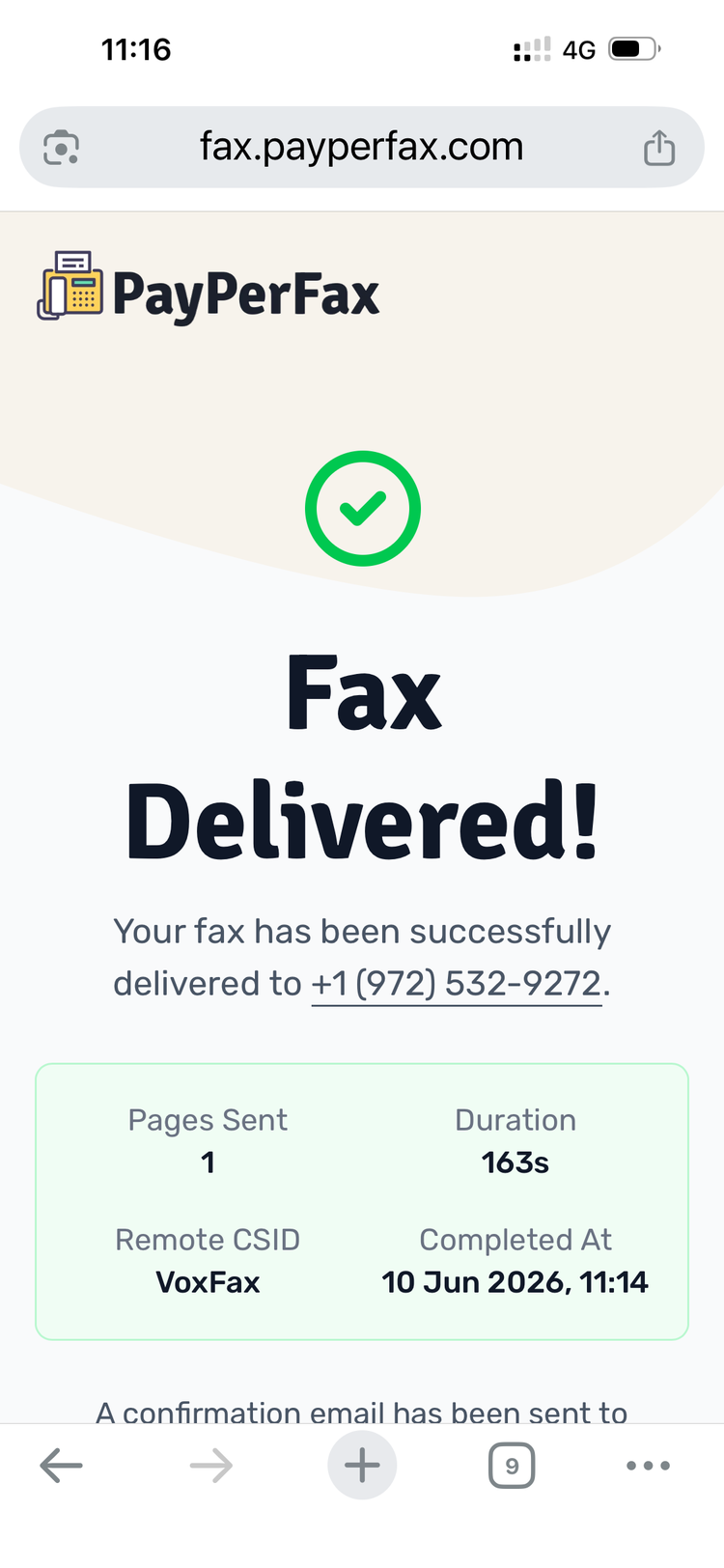 The Fax Delivered confirmation screen on mobile, with a green checkmark, the destination number, pages sent, transmission duration, and completion time