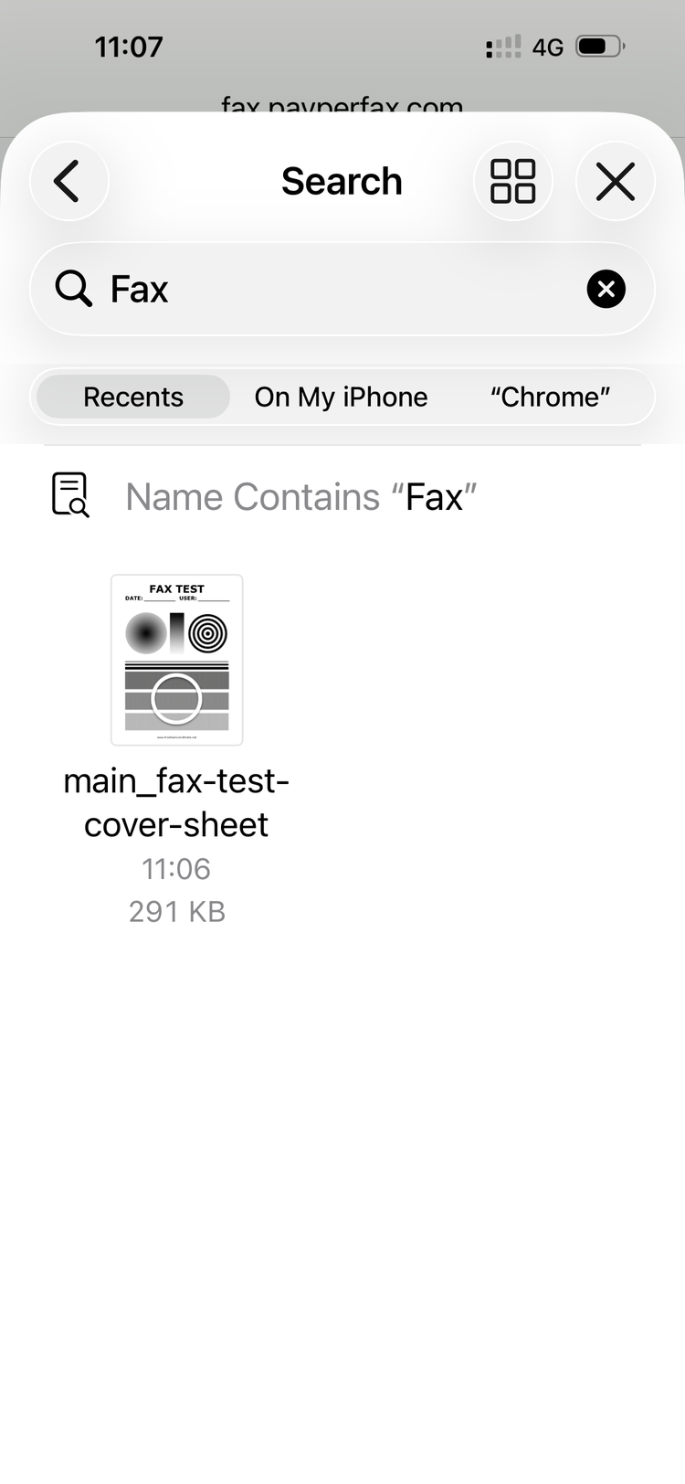 The iOS Files app open with the search bar showing "Fax" and one PDF result found