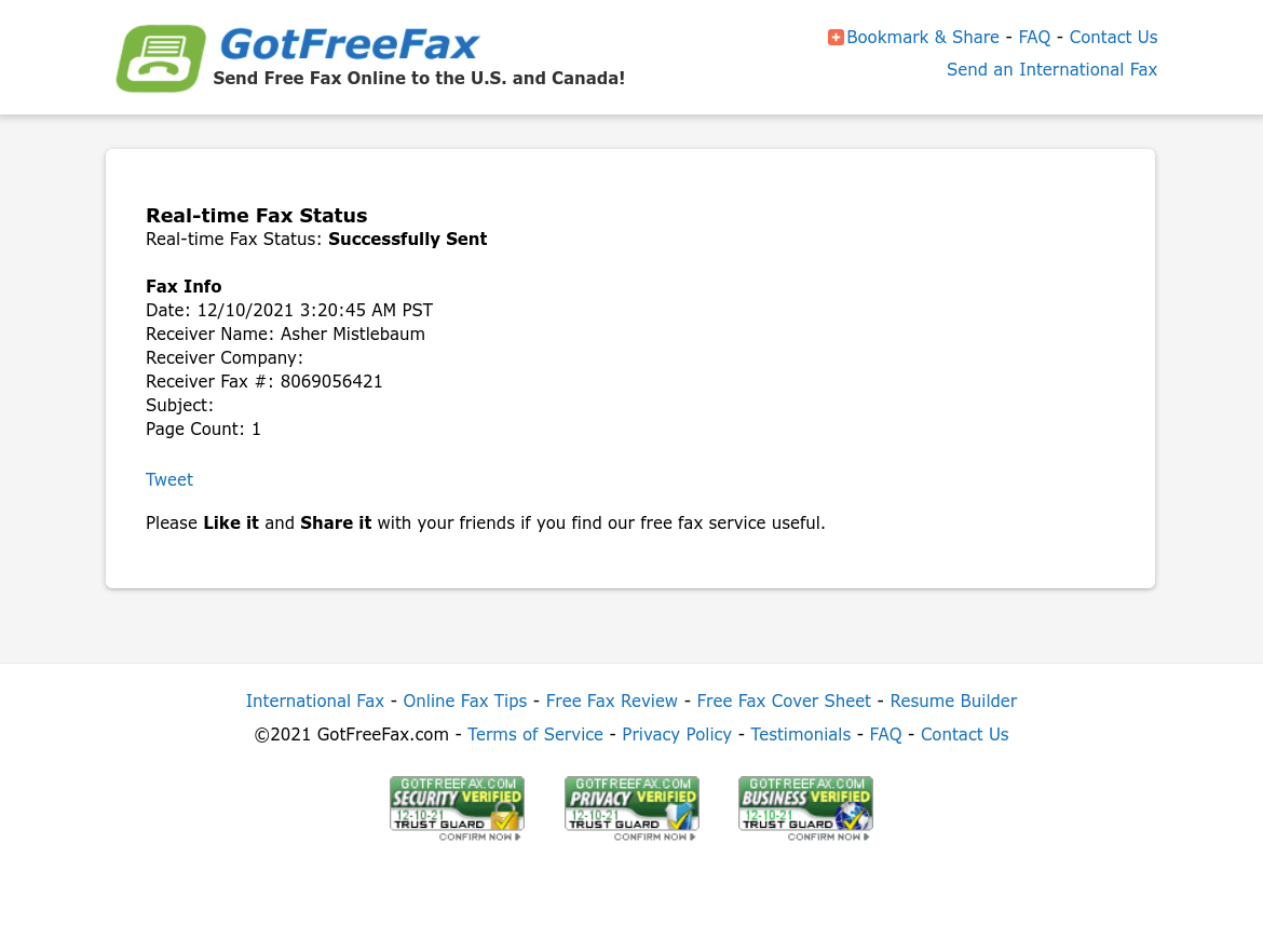 GotFreeFax Web Confirmation